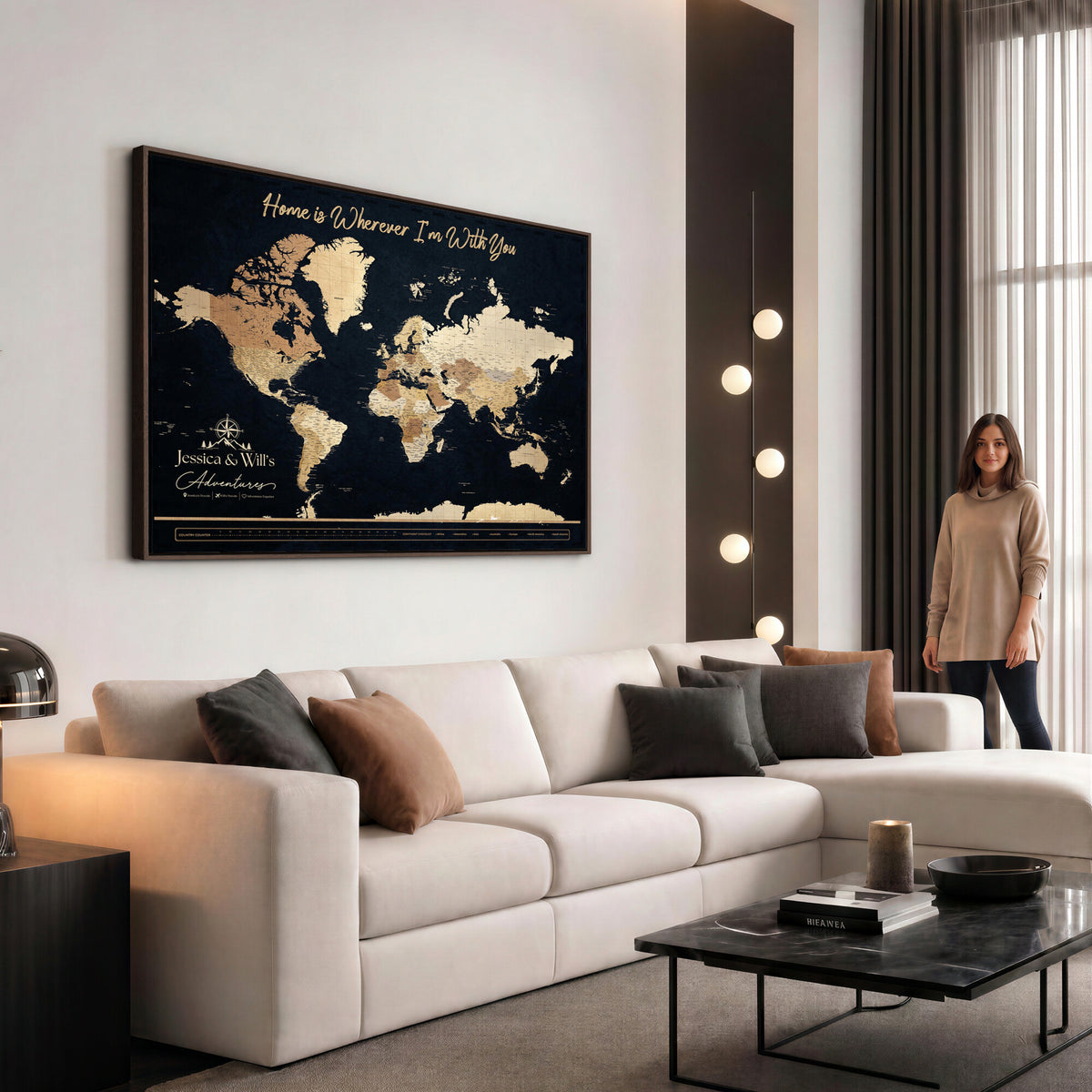 43430657-MGV-CV-36X24 - Extra Large Framed Personalize Push Pin World Map Wall Art Canvas Print for Travel Tracking