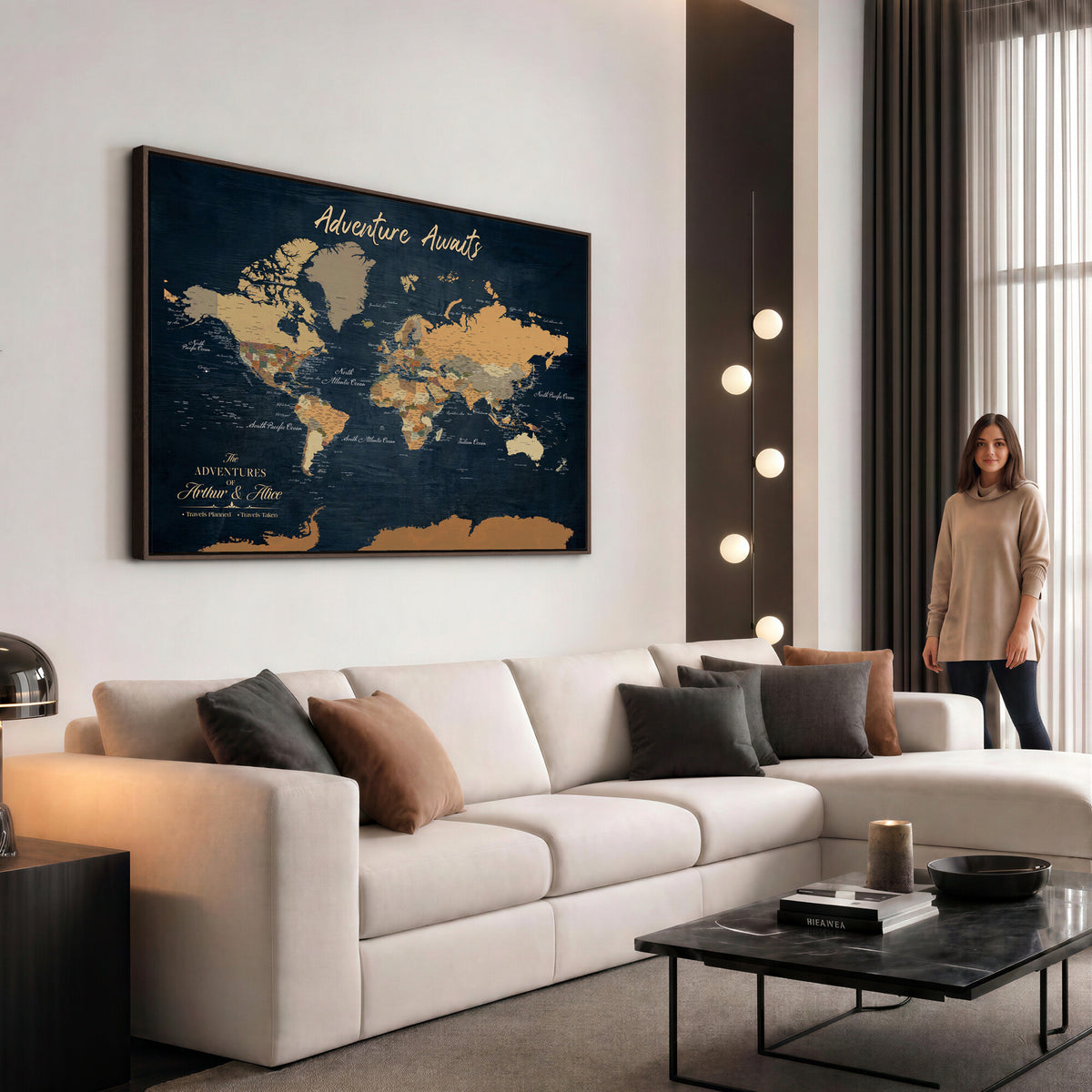 13350960-MGV-CV-36X24 - Extra Large Framed Personalize Push Pin World Map Wall Art Canvas Print for Travel Tracking