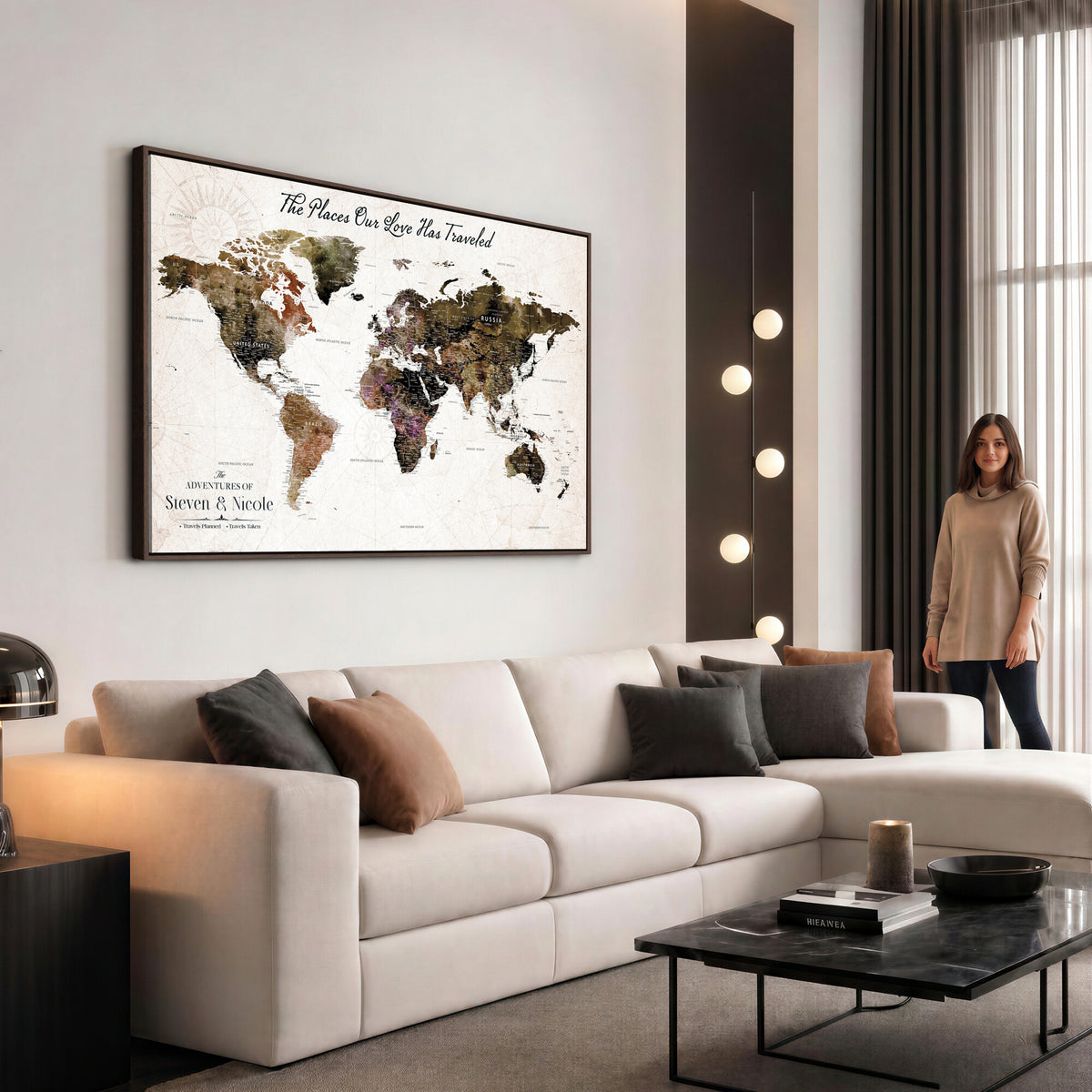 18074626D3D-MGV-CV-36X24 - Extra Large Framed Personalize Push Pin World Map Wall Art Canvas Print for Travel Tracking NEWMAP - 015