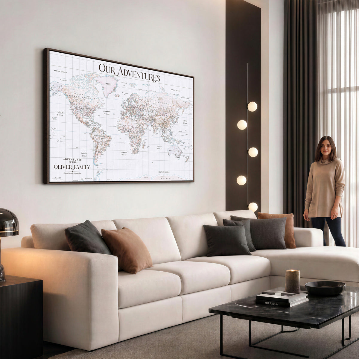 18074626D3DD-MGV-CV-36X24 - Extra Large Framed Personalize Push Pin World Map Wall Art Canvas Print for Travel Tracking NEWMAP - 015
