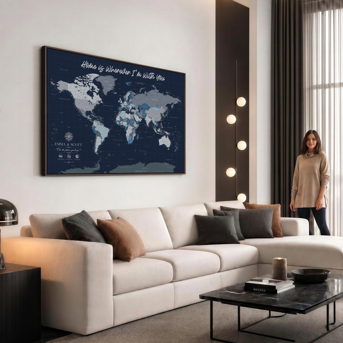 17712680D-MGV-CV-36X24 - World Map Wall Art Canvas Print, Modern Decorative Framed Map Artwork Prints for Living Room, Office, Bedroom Wall Decor
