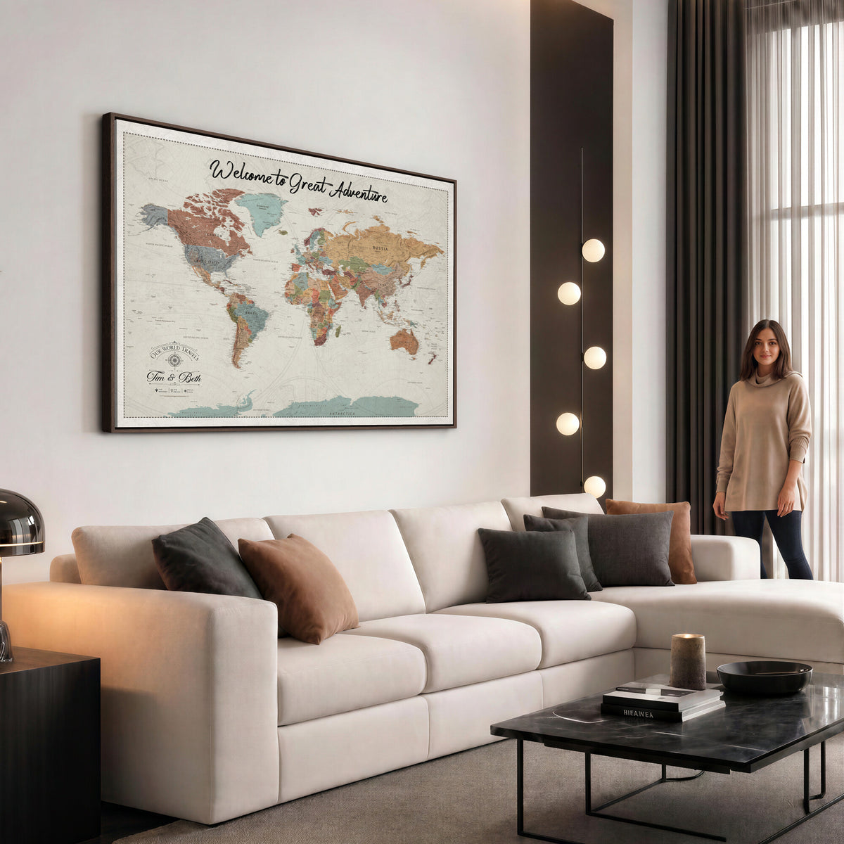 NEWMAP-19-MGV-CV-36X24 - World Map Wall Art Canvas Print, Modern Decorative Framed Map Artwork Prints for Living Room, Office, Bedroom Wall Decor