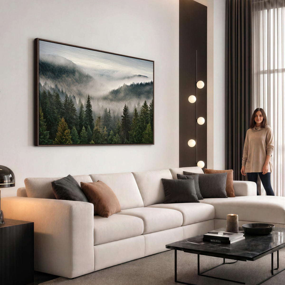 38409495-_Poster-30x20 - Misty Pine Valley Mountain Canvas Print 3 Piece Framed Wall Art Extra Large Floating Frame Nature Poster Made in USA