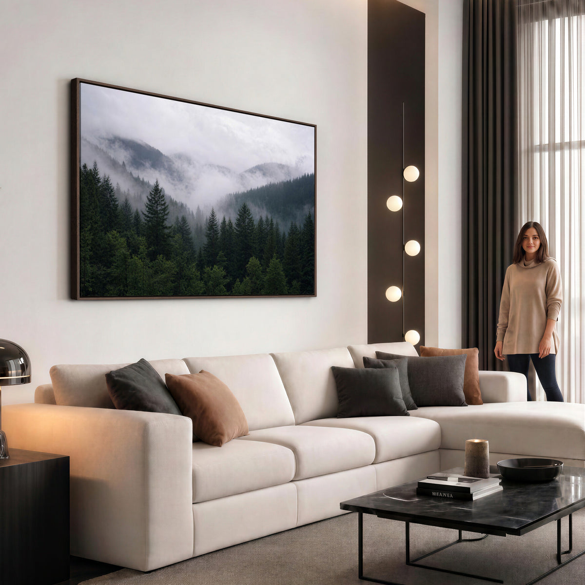 25432119-_Poster-30x20 - Misty Mountain Pine Forest Canvas Print 3 Piece Framed Wall Art Extra Large Floating Frame Nature Poster Made in USA