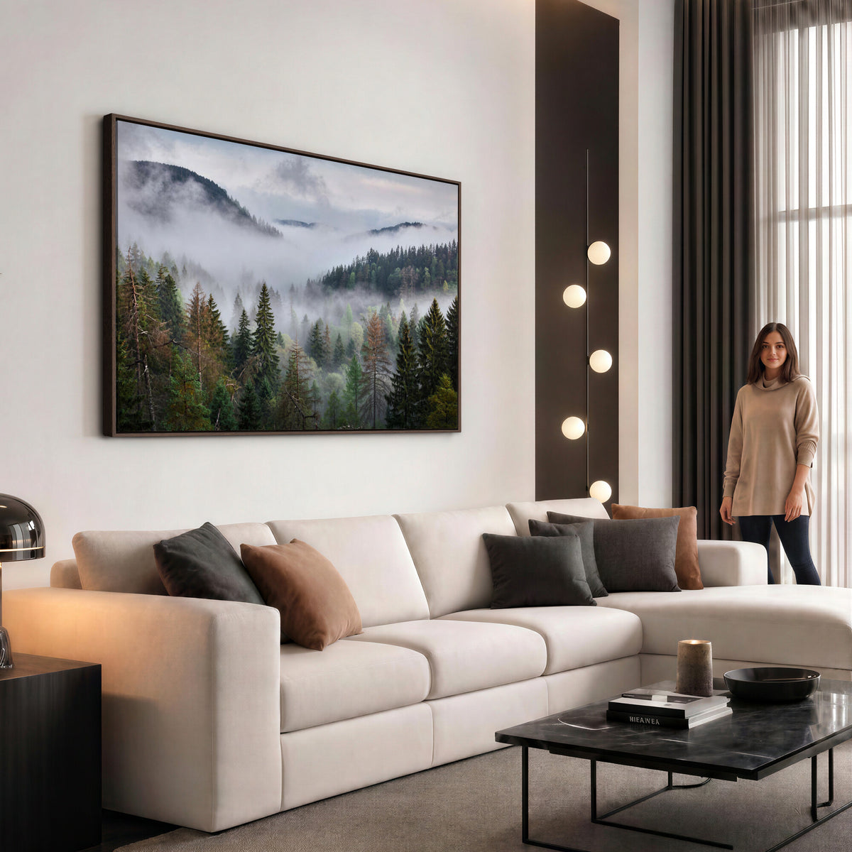 18735847-_Poster-30x20 - Foggy Pine Forest Mountain Canvas Print 3 Piece Framed Wall Art Extra Large Floating Frame Nature Poster Made in USA