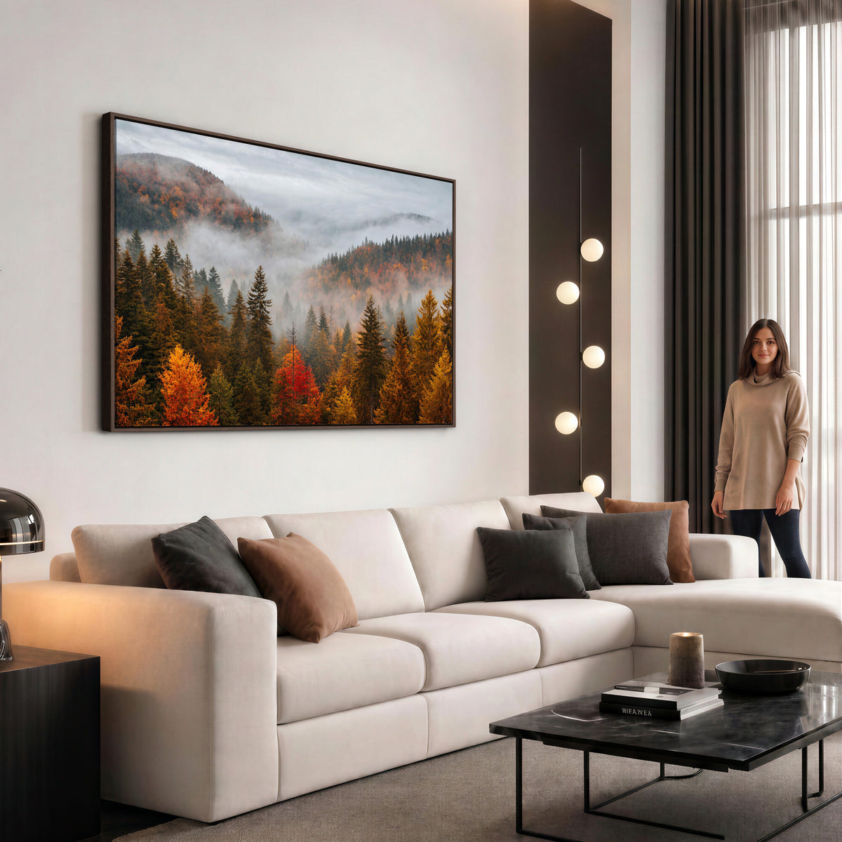 87481341-_Poster-30x20 - Foggy Autumn Mountain Canvas Print Smoky Pine Forest Wall Art Panoramic Nature Poster 3 Piece Made in USA