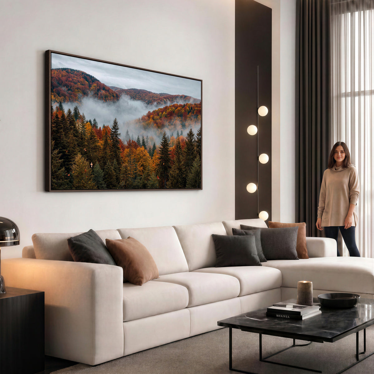 26686263-_Poster-30x20 - Misty Autumn Forest Mountain Canvas Print 3 Panel Wall Art Gallery Wrapped Floating Frame Poster Made in USA