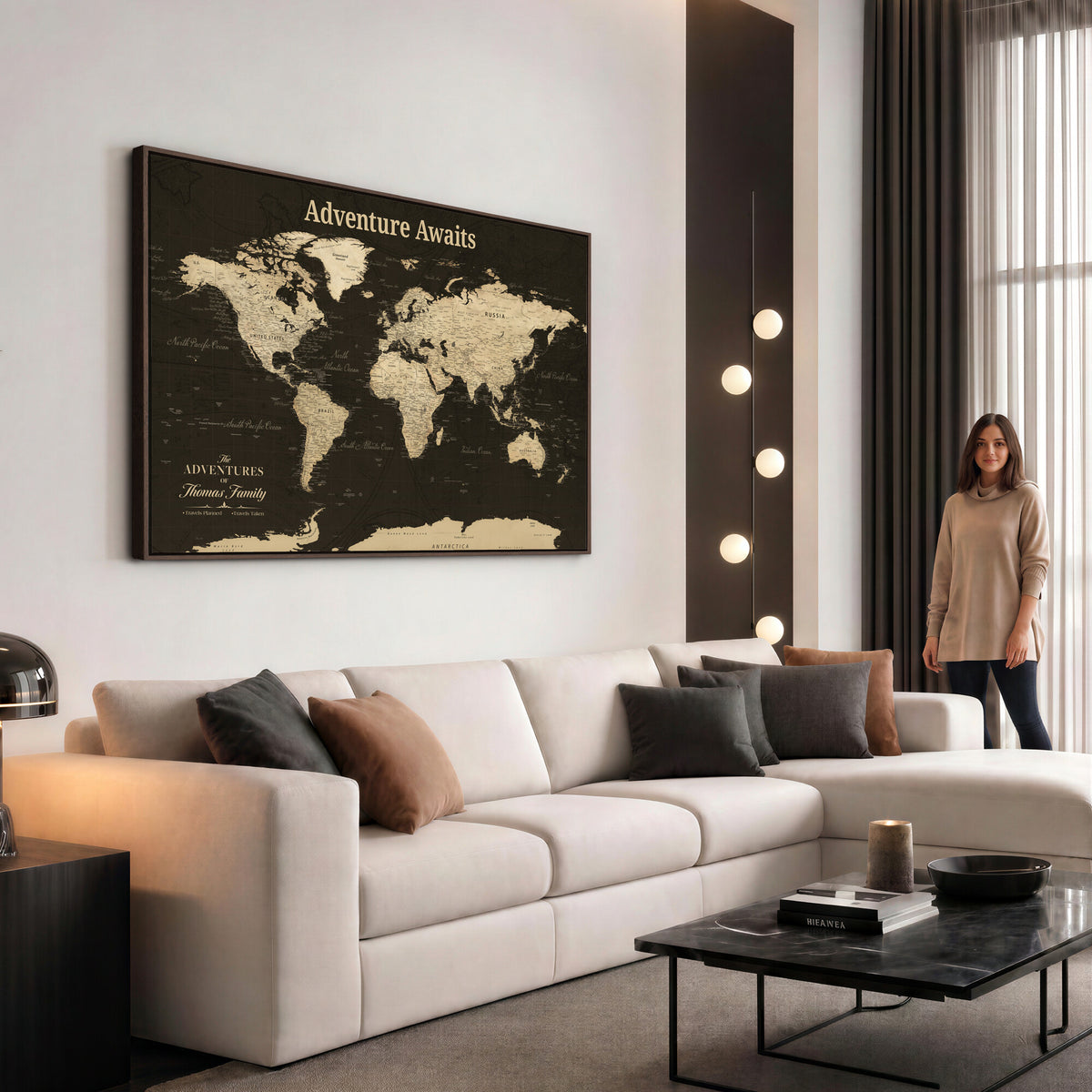 47597338D-MGV-CV-36X24 - Custom Push Pin World Map Wall Art Canvas Print | Personalized Travel Tracker with Pins Framed Large for Home and Office Decor