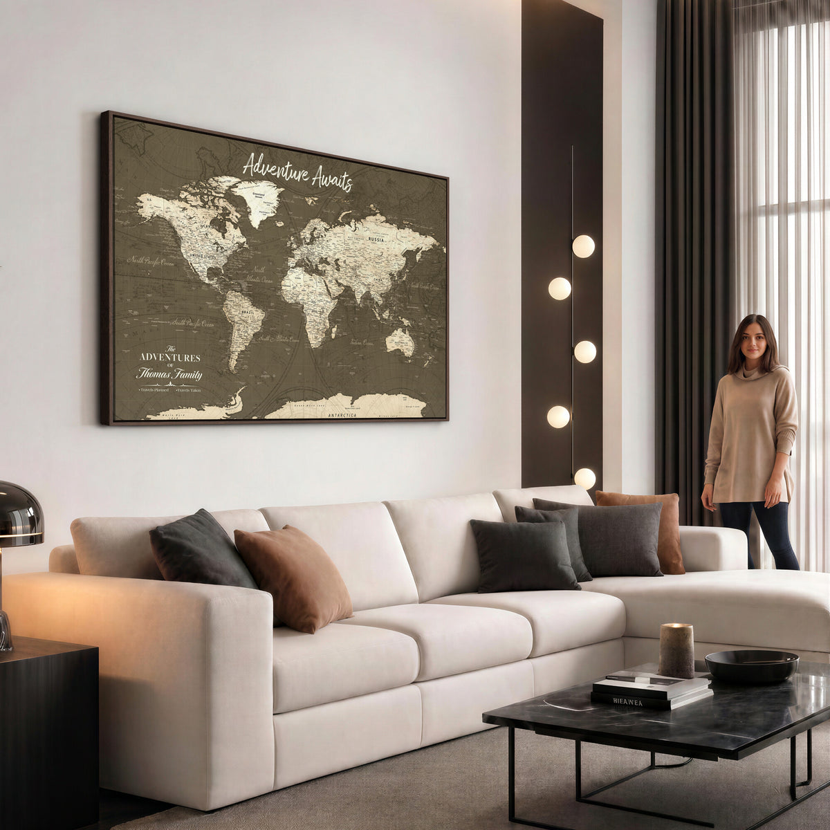 27762875D-MGV-CV-36X24 - Custom Push Pin World Map Wall Art Canvas Print | Personalized Travel Tracker with Pins Framed Large for Home and Office Decor