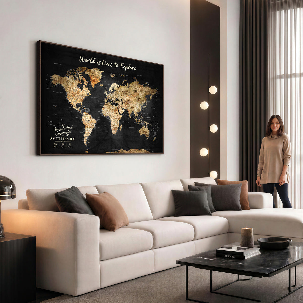 73732636D-MGV-CV-36X24 - Custom Push Pin World Map Wall Art Canvas Print | Personalized Travel Tracker with Pins Framed Large for Home and Office Decor