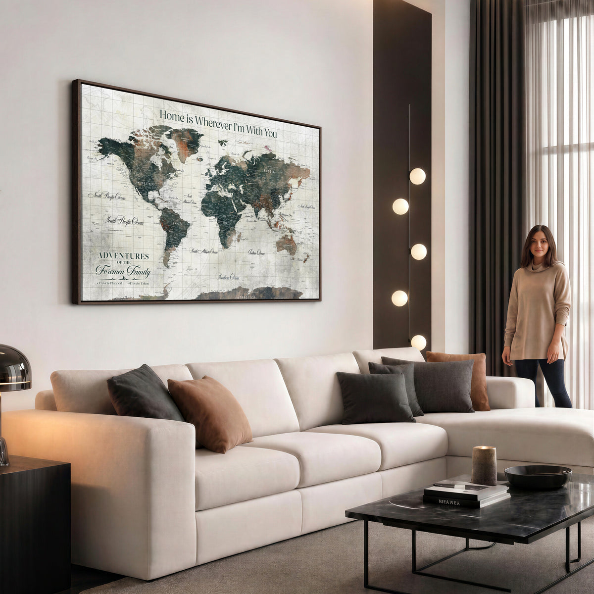 98050124D-MGV-CV-36X24 - Custom Push Pin World Map Wall Art Canvas Print | Personalized Travel Tracker with Pins Framed Large for Home and Office Decor