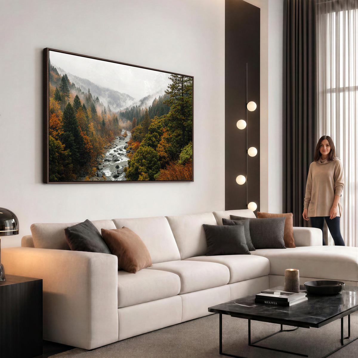 95540697-MGV-TP-30X20 - Misty River Mountain Valley Canvas Wall Art - Autumn Forest Landscape Nature Print