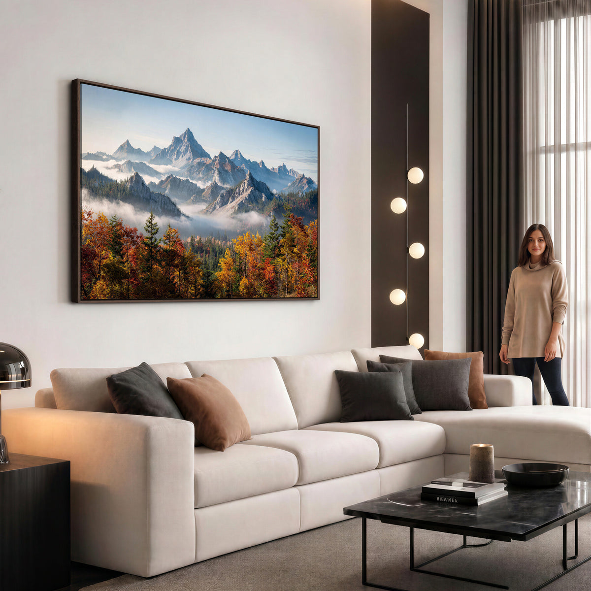 38847944-MGV-TP-30X20 - Majestic Mountain Peak Canvas Wall Art - Panoramic Autumn Forest Fog Landscape Print