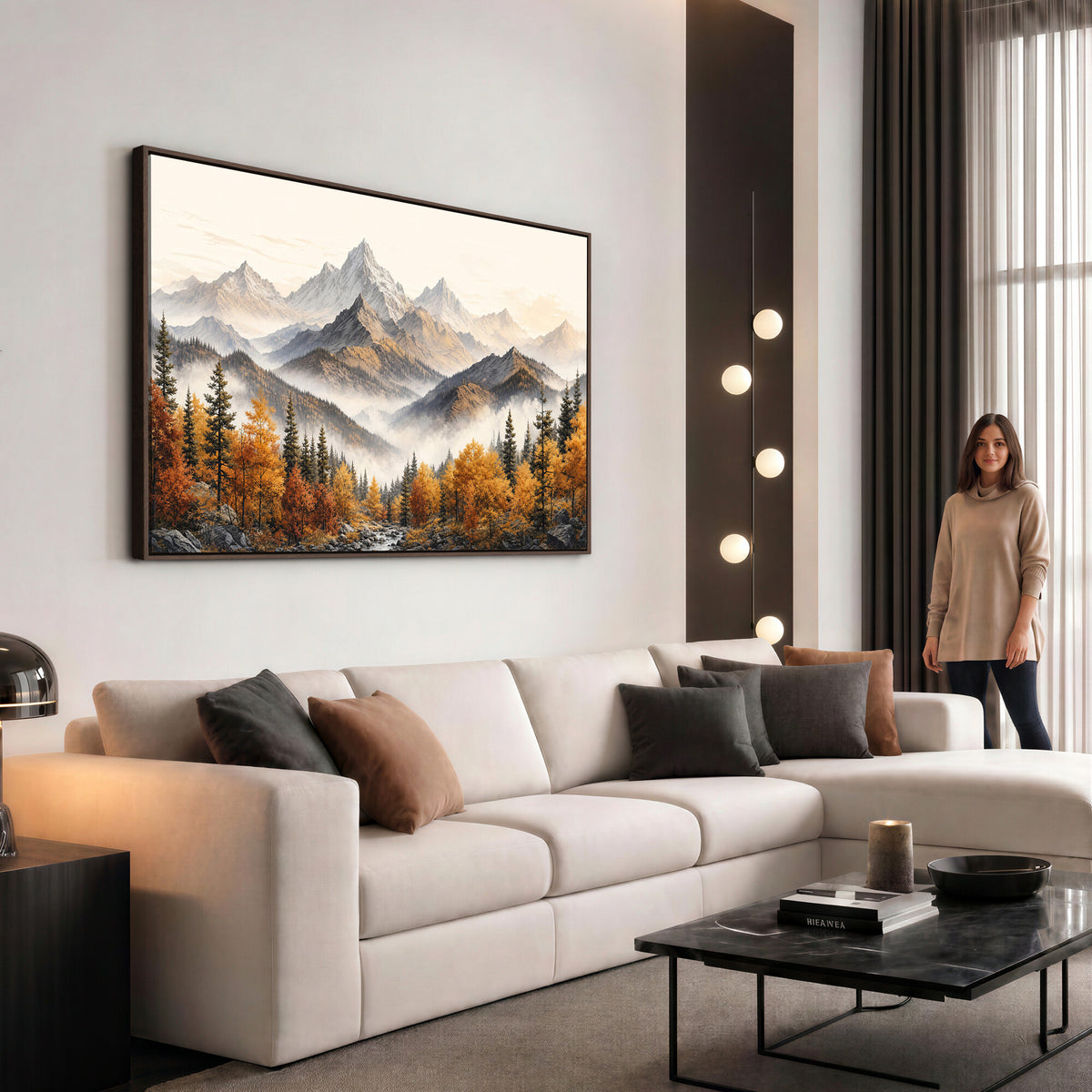 21309099-MGV-TP-30X20 - Extra Large Misty Mountain Autumn Forest Canvas Wall Art - Watercolor Fall Nature Landscape Print