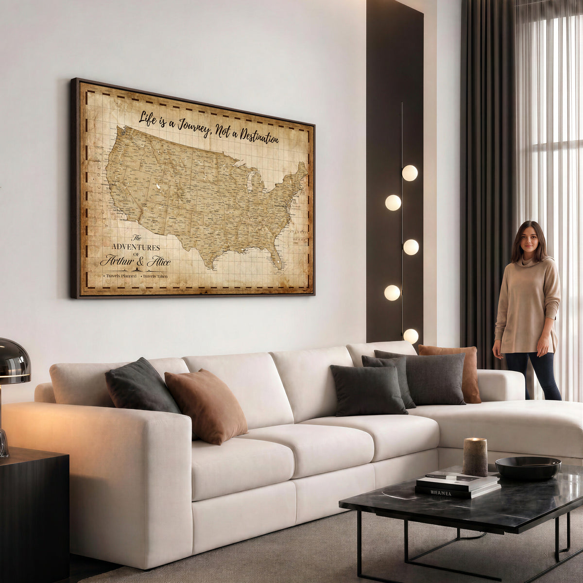 90686209-MGV-CV-36X24 - Custom USA Push Pin Travel Map Canvas Wall Art - Personalized Couples Gift Flat Digital Print