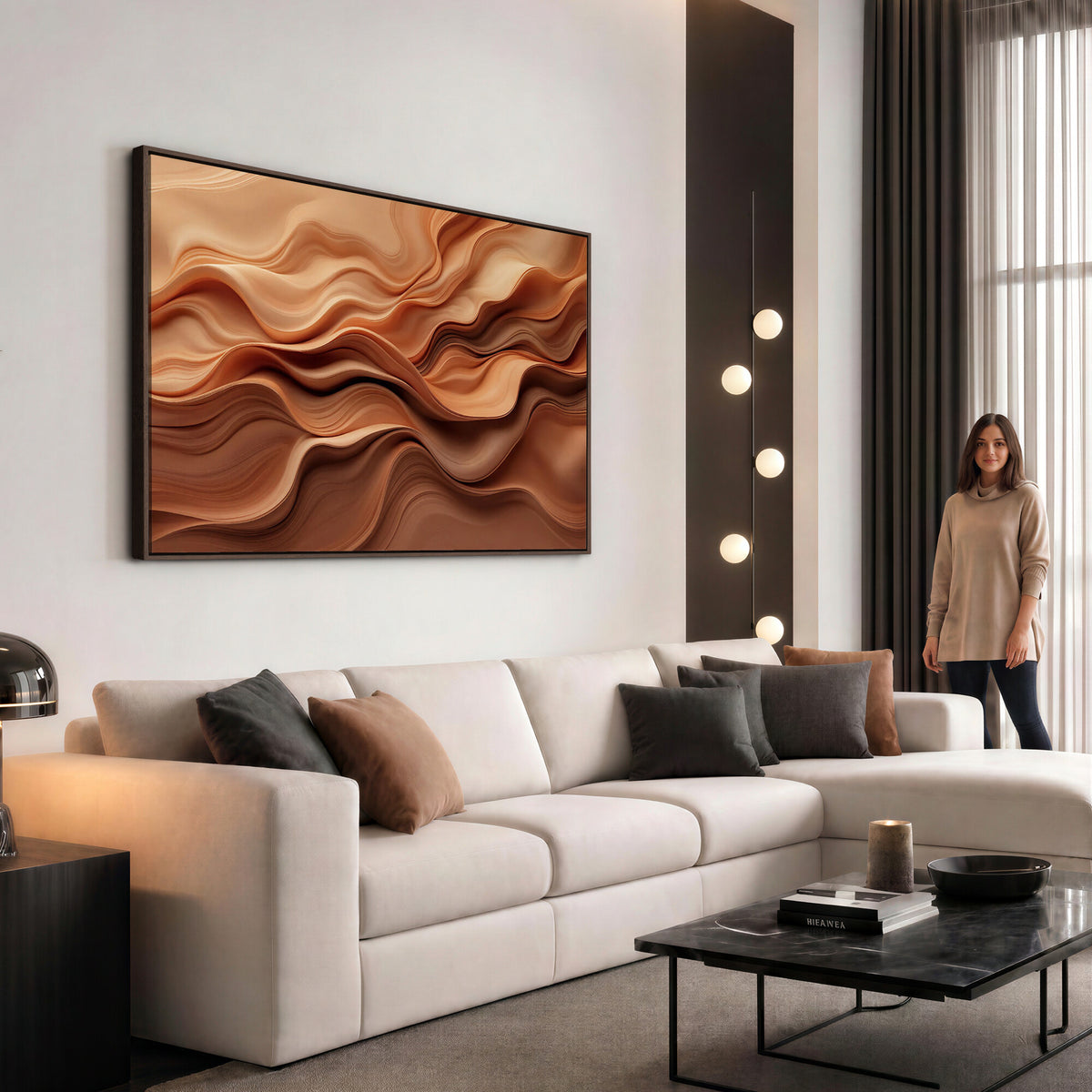 82230697-MGV-CV-36X24 - Modern Abstract Fluid Waves Canvas Wall Art - Minimalist Warm Terracotta Beige Sand Print