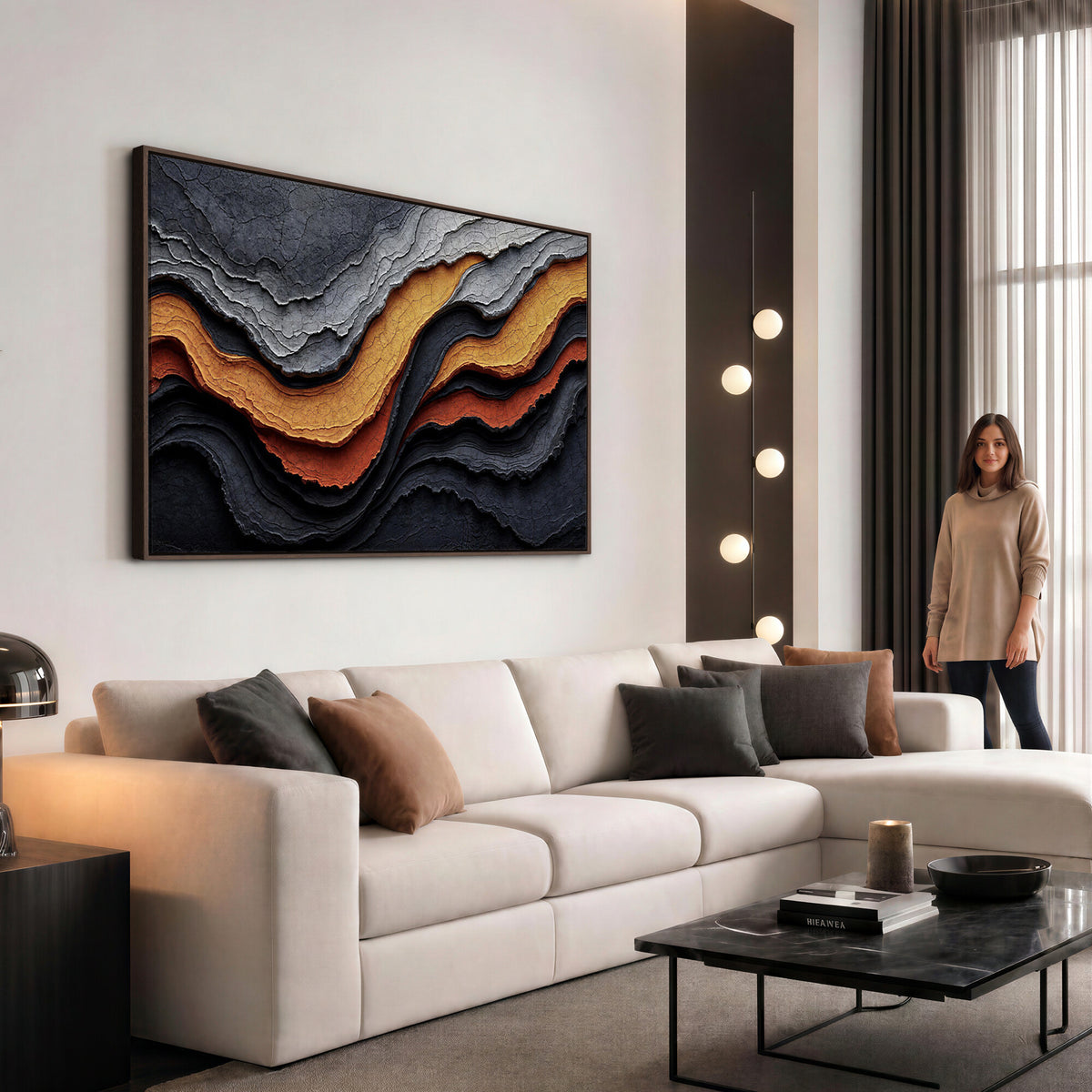 59852489-MGV-CV-36X24 - Abstract Waves Canvas Wall Art - Modern Terracotta and Charcoal Gray Print