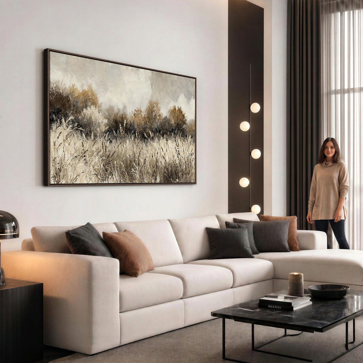 53959945-MGV-TP-30X20 - Muted Neutral Forest Landscape Canvas Wall Art - Vintage Rustic Wildflower Meadow Print