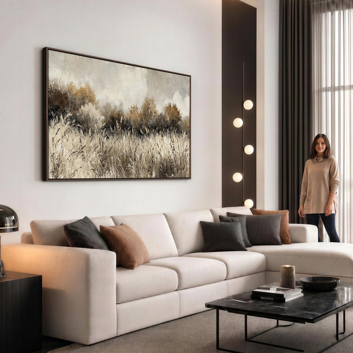 53959945-_Poster-30x20 - Muted Neutral Forest Landscape Canvas Wall Art - Vintage Rustic Wildflower Meadow Print
