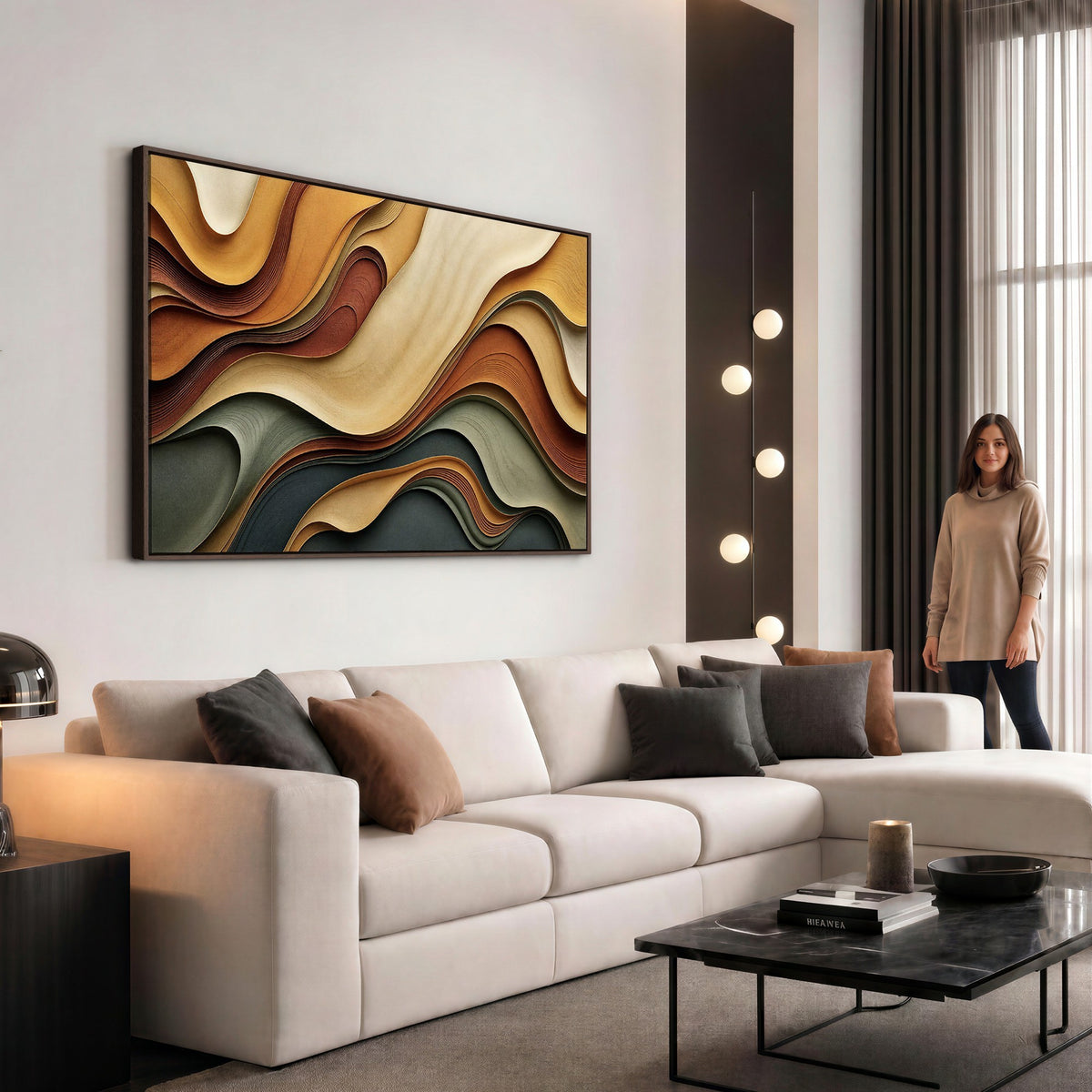 19337902-_Poster-30x20 - Modern Abstract Waves Canvas Wall Art - Minimalist Earthy Tone Living Room Decor