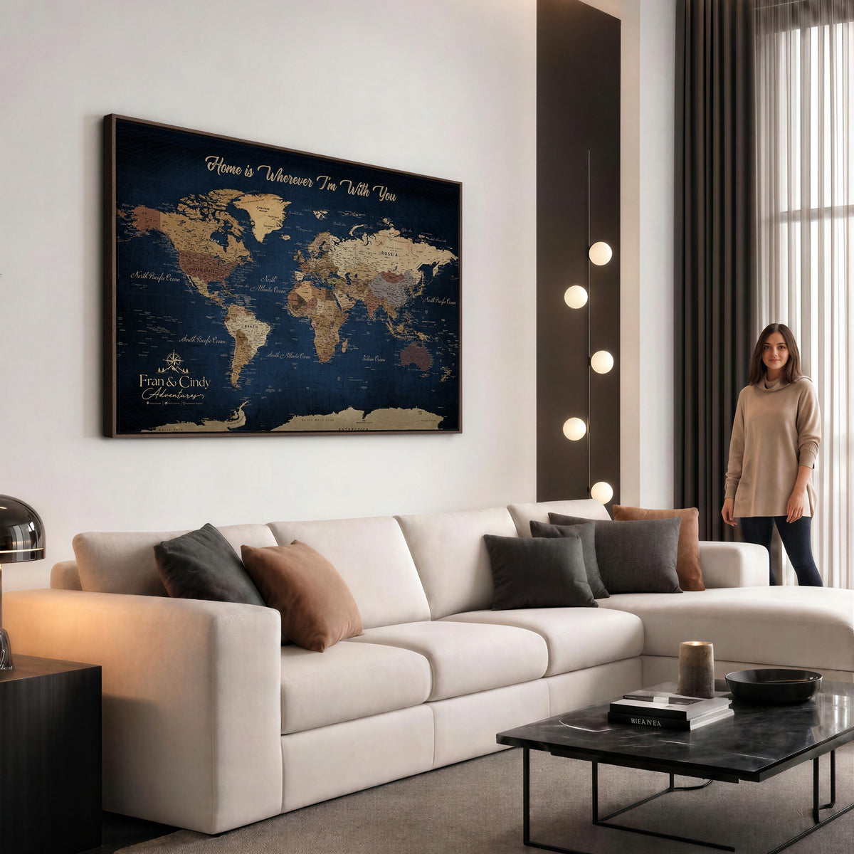 57774467-MGV-CV-36X24 - Custom Framed Deep Blue Geometric Push Pin World Map Wall Art, Next Trip Planner Map, Family Room and Hallway Decor