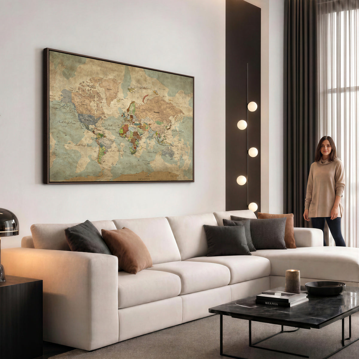20795898D-MGV-CV-36X24 - Custom Push Pin World Map Wall Art Canvas Print – Personalized Travel Tracker with Pins Framed Large for Home and Office Decor