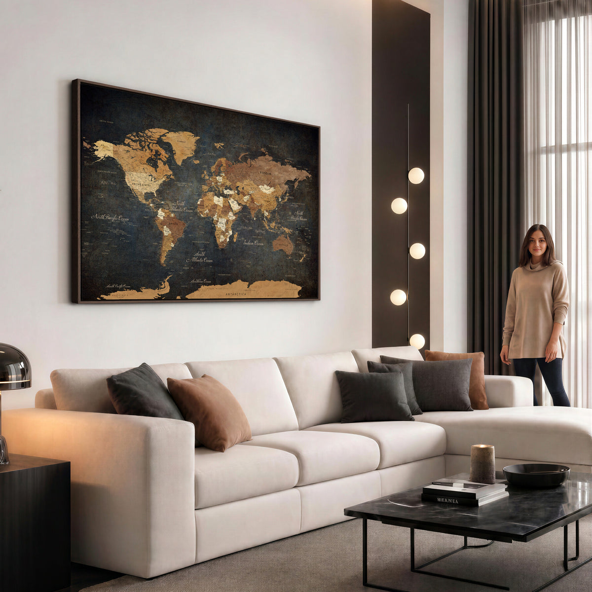 40660012D-MGV-CV-36X24 - Custom Push Pin World Map Wall Art Canvas Print – Personalized Travel Tracker with Pins Framed Large for Home and Office Decor