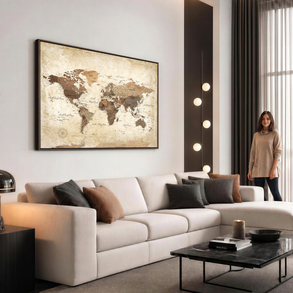 69154703D-MGV-CV-36X24 - Custom Push Pin World Map Wall Art Canvas Print – Personalized Travel Tracker with Pins Framed Large for Home and Office Decor
