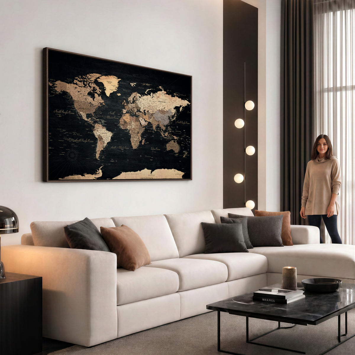 55335455D-MGV-CV-36X24 - Custom Push Pin World Map Wall Art Canvas Print – Personalized Travel Tracker with Pins Framed Large for Home and Office Decor