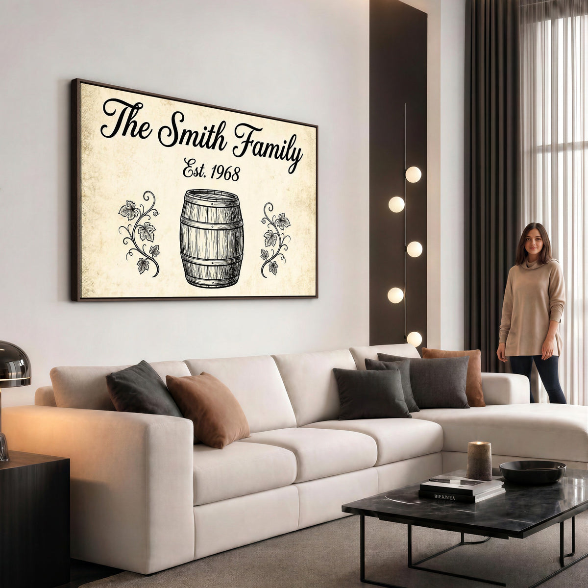 Custom family name wall art with wine barrel illustration, canvas print