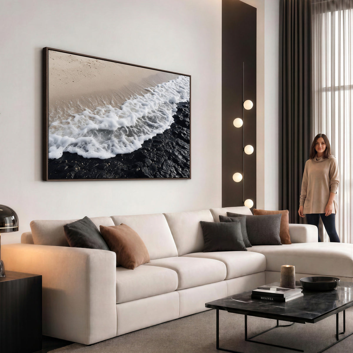 27448606-MGV-CV-24X16 - Ocean Wave Foam on Black Lava Rock Beach Canvas Wall Art Print