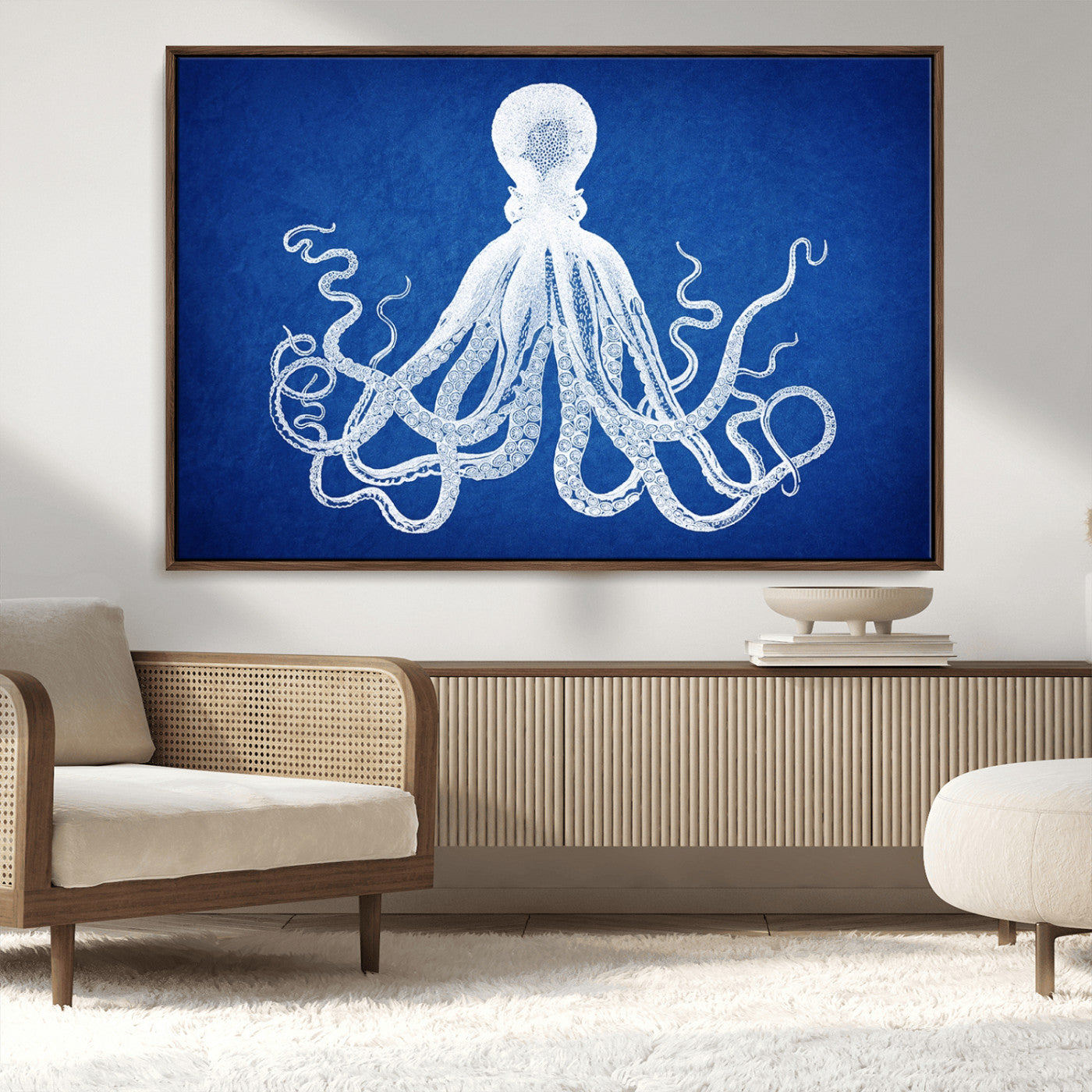 MGV-FC-36X24 - Large 3-Panel Blue Octopus Canvas Wall Art | Coastal Marine Life Artwork for Living Room, Bedroom,