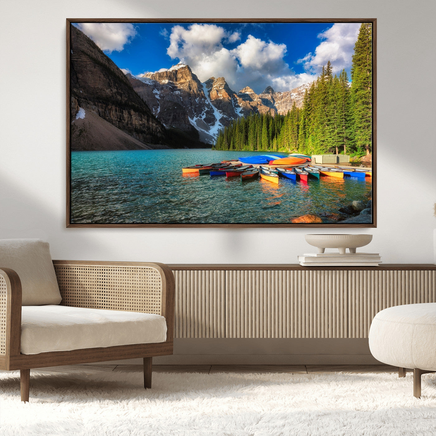 MGV-FC-36X24 - Moraine Lake 3-Panel Wall Art, Majestic Mountain and Lake Landscape Canvas Print Canoes on Moraine