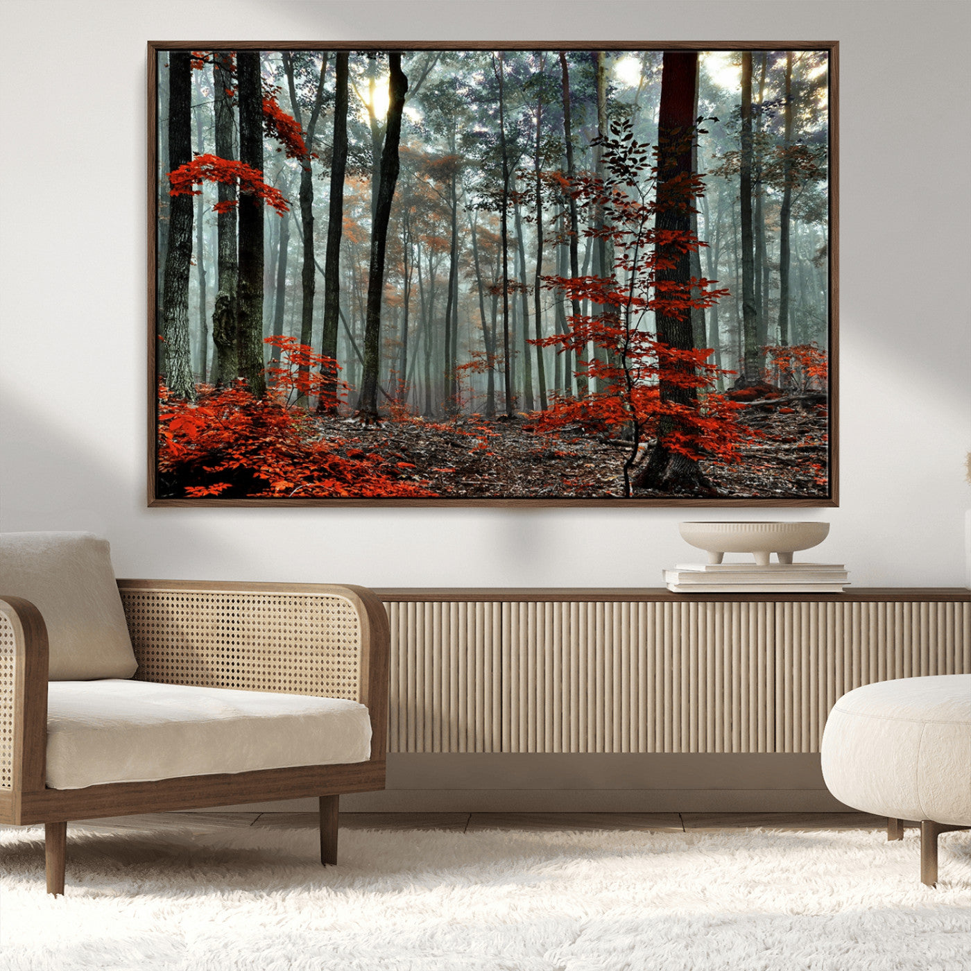 MGV-FC-36X24 - Autumn Forest Canvas Wall Art – Enchanting Red Leaves Triptych Print – Nature-Inspired Decor for