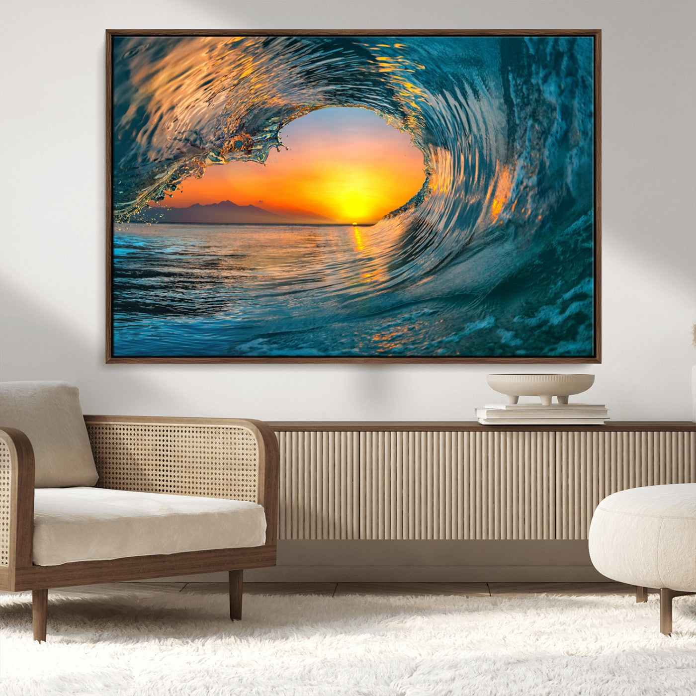 MGV-FC-36X24 - Ocean Wave Sunset Wall Art | Large Coastal Wave Canvas Print | 3-Panel Ocean Sunset Seascape for