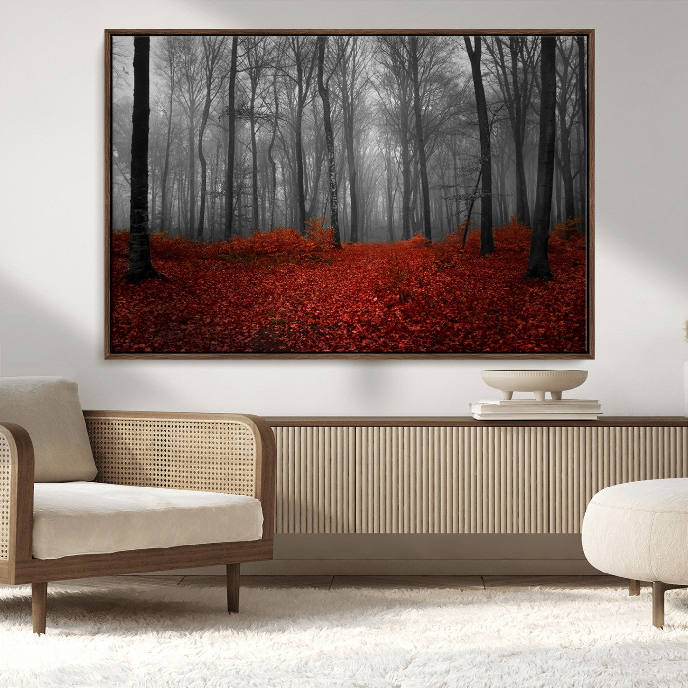 MGV-FC-36X24 - Red Forest Floor Canvas Wall Art – Mystical Foggy Woodland Triptych – Nature-Inspired Decor for