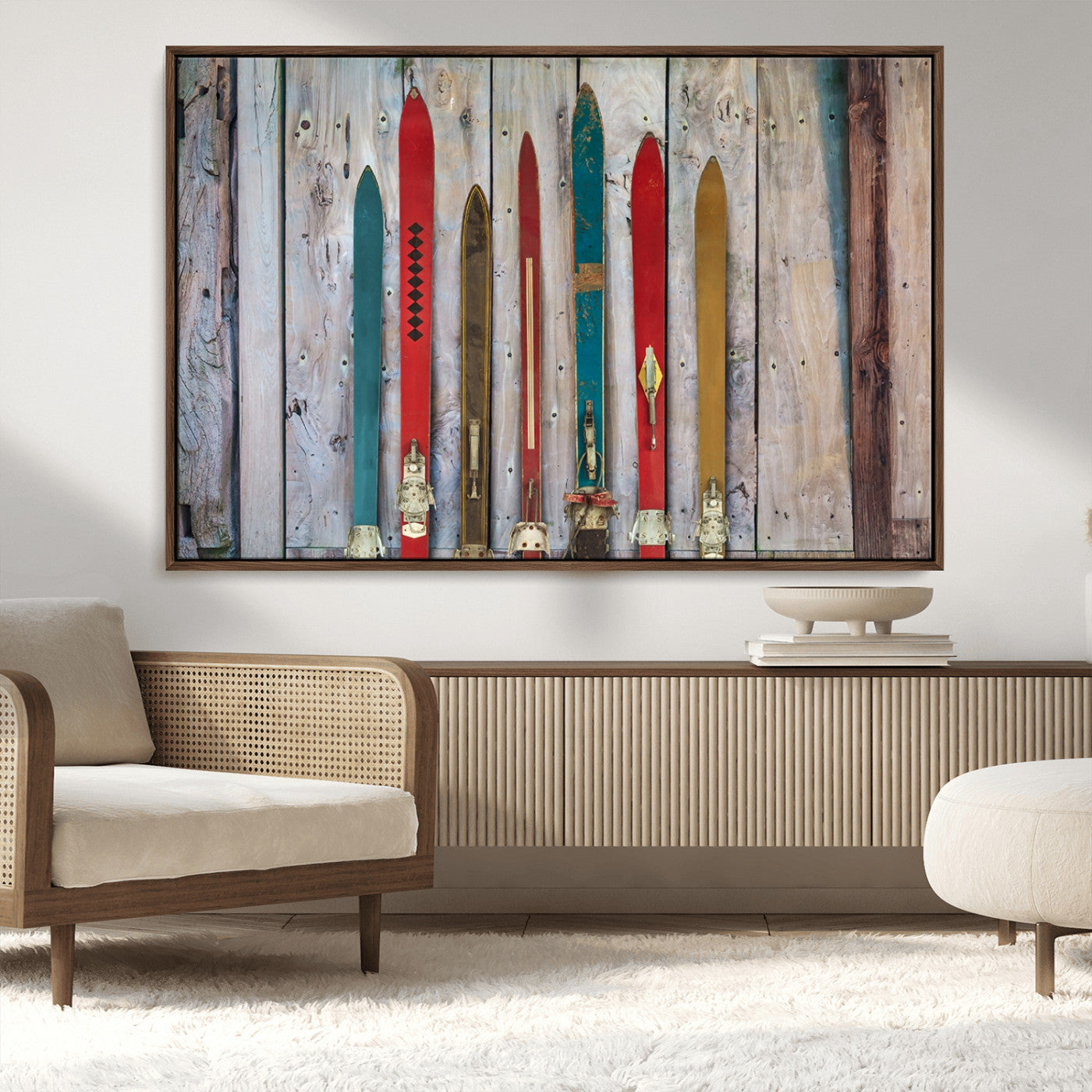 MGV-FC-36X24 - Vintage Wooden Weathered Ski's in Front of an Old Barn Wall Art Canvas Print for Farmhouse, Cabin