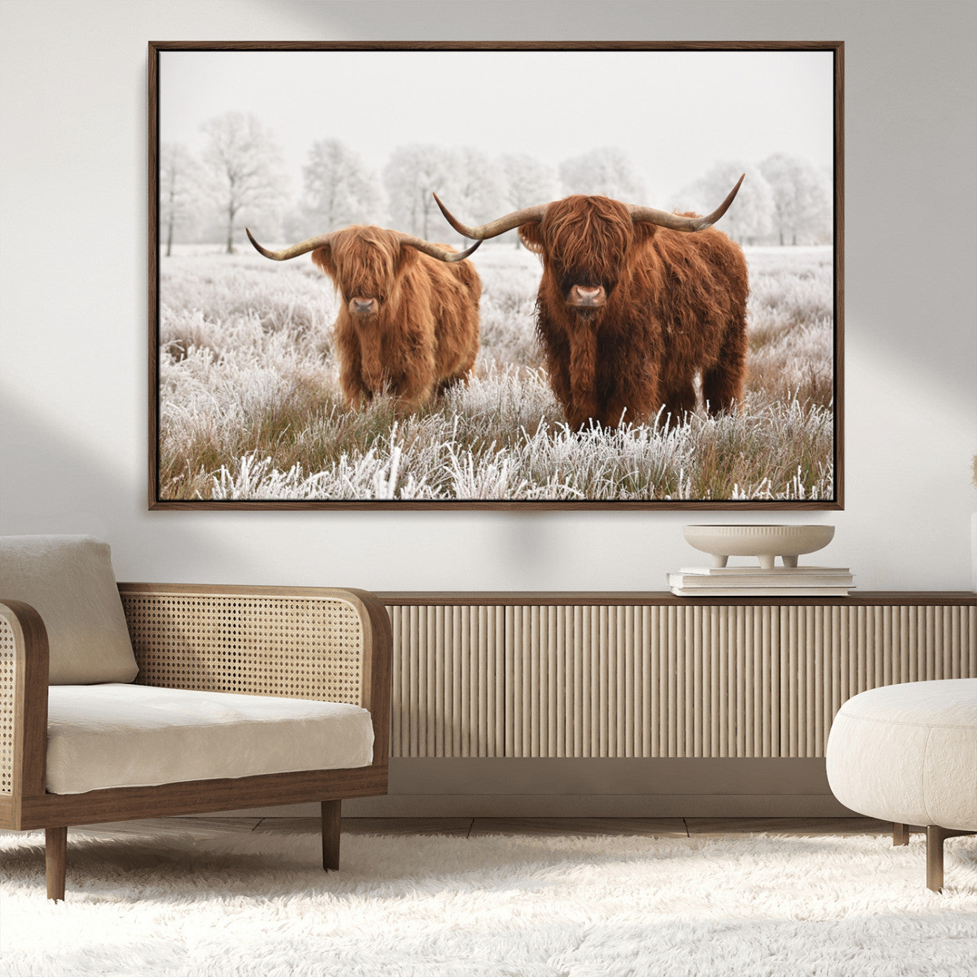 MGV-FC-36X24 - Longhorn Cattle Wall Art Canvas Print, Framed Farmhouse Style Art Picture Print, Rustic Cow Perfect Rustic Farmhouse Decor Artwork