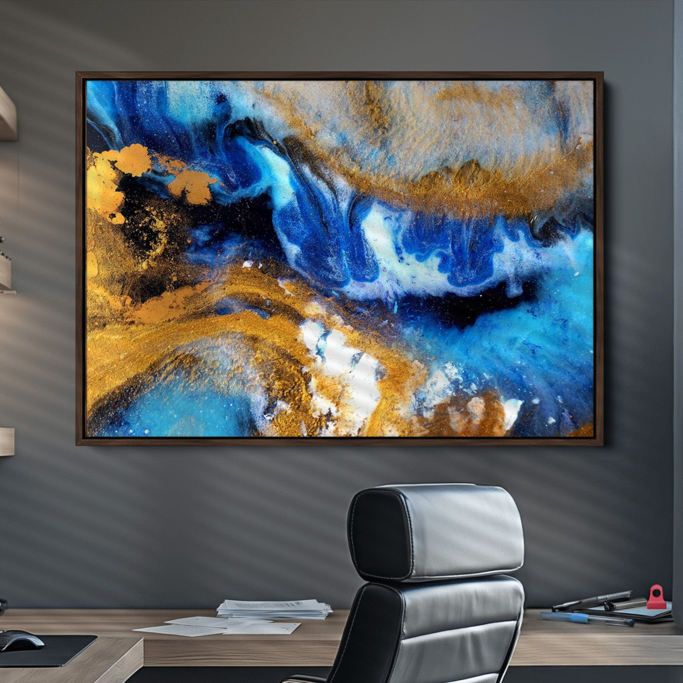 42100-MGV-CV-36X24-Blue Orange Marble Fluid Effect Canvas Wall Art Print
