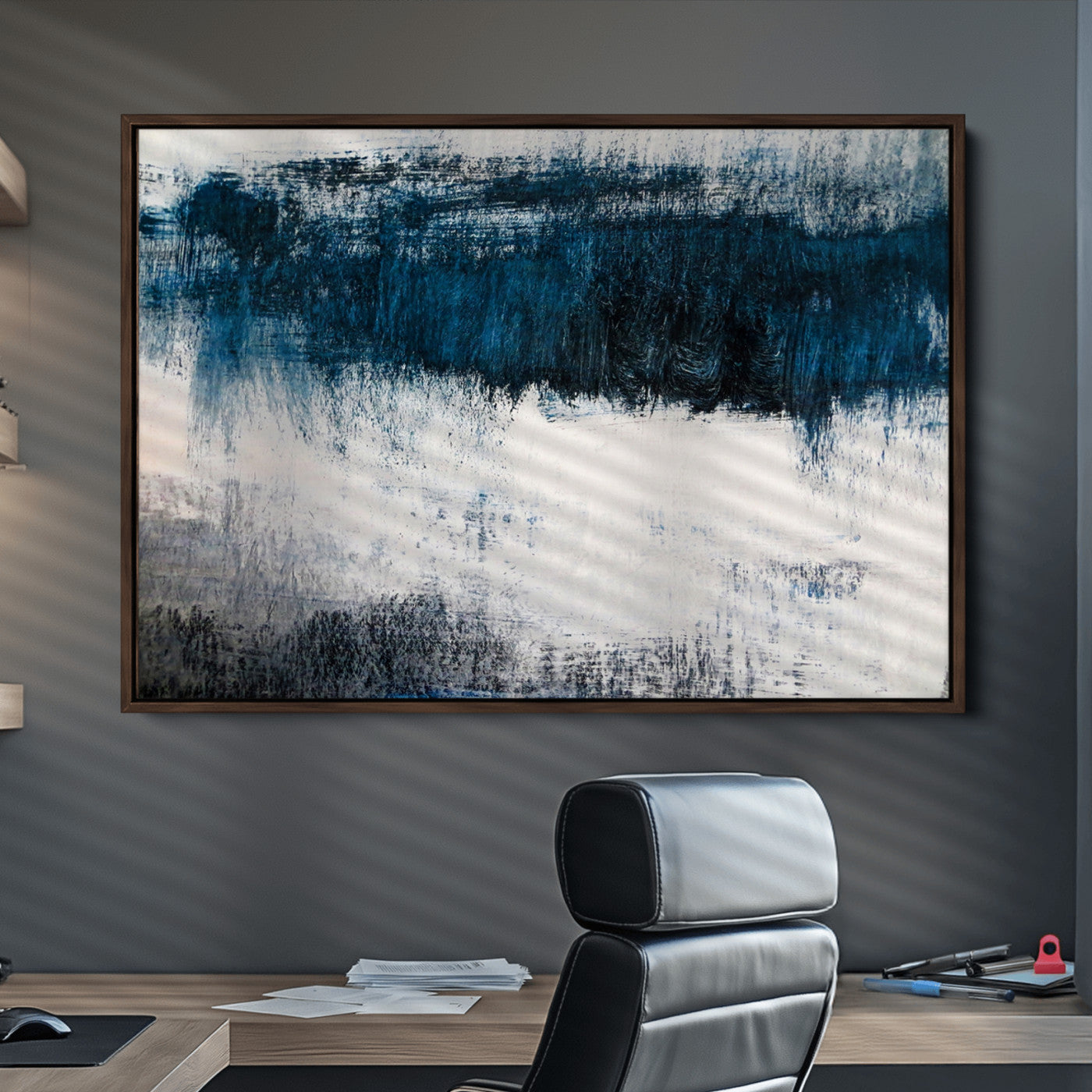 38954-MGV-CV-36X24-Abstract Blue and White Canvas Art | Large Wall Art for Modern Living Room Decor | Minimalist Brushstroke Painting on Canvas