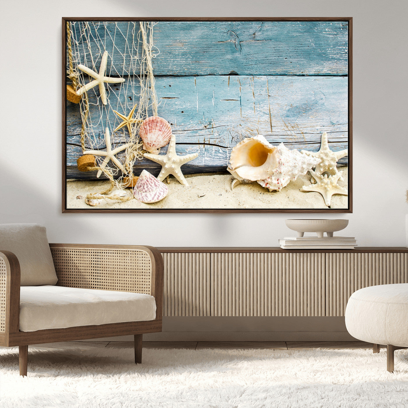 MGV-FC-36X24 - Seashells on Rustic Wooden Background, Seashells Wall Art Canvas Print