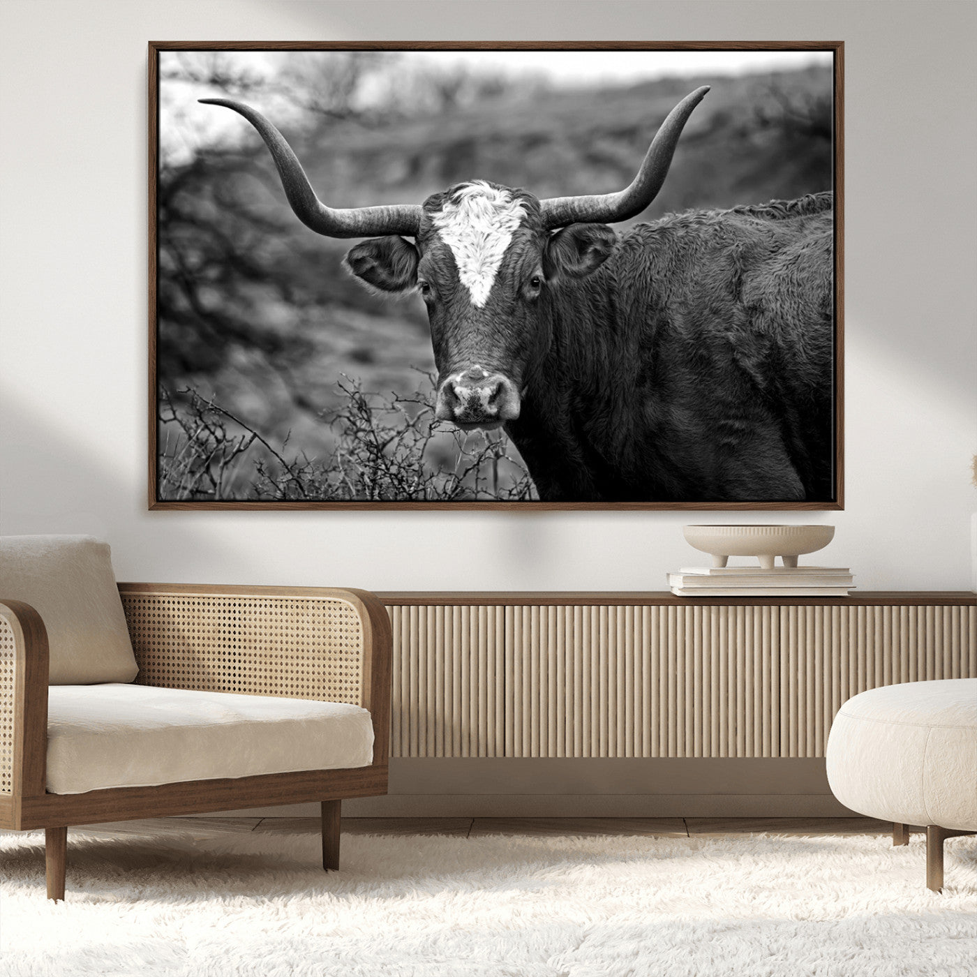 MGV-FC-36X24 - Western Home Wall Art Canvas Print, Framed Texas Longhorn Art Picture Print, Rustic Cow Perfect Rustic Farmhouse Decor Artwork