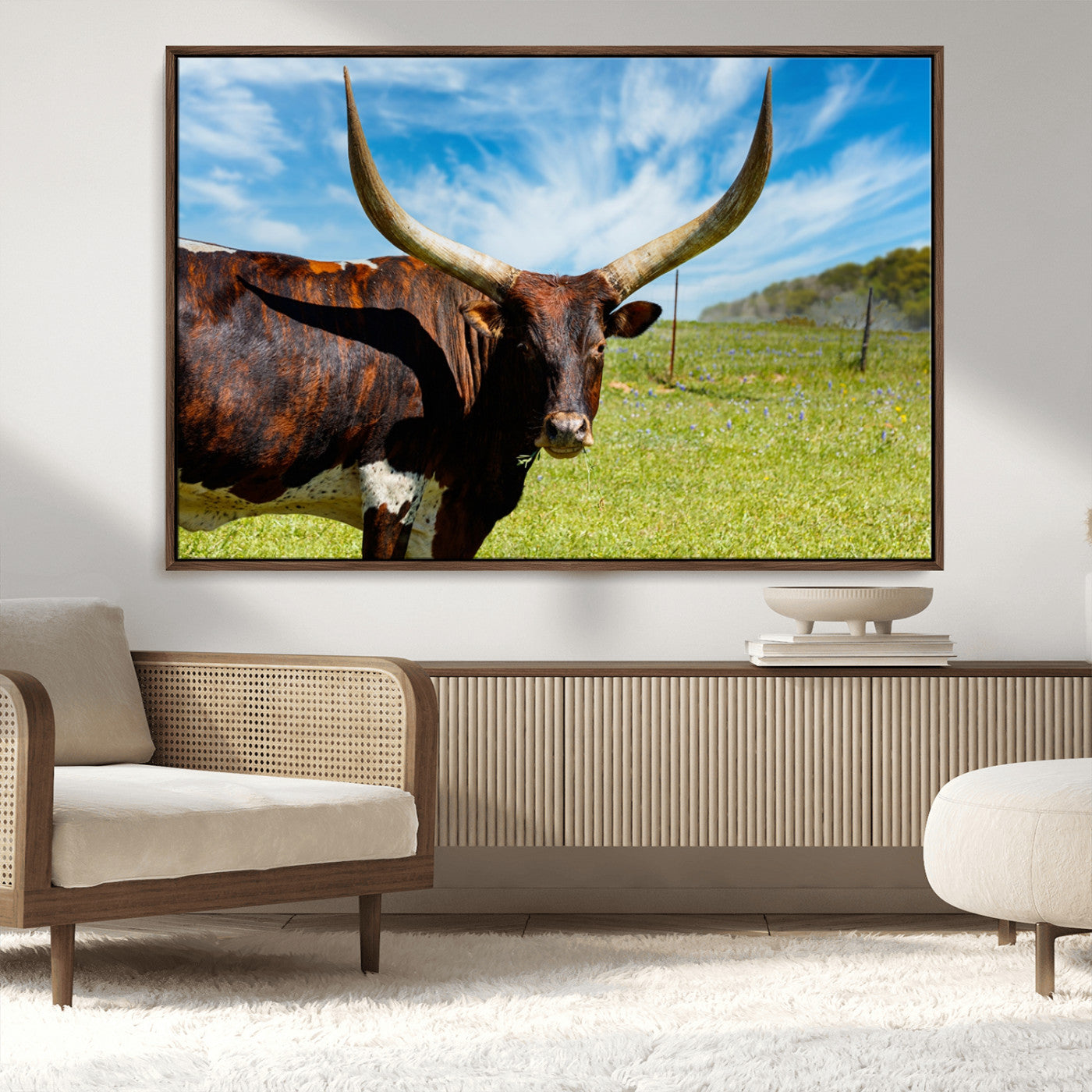 MGV-FC-36X24 - Longhorn and Cow Wall Art, Country Cow Wall Decor Canvas Print