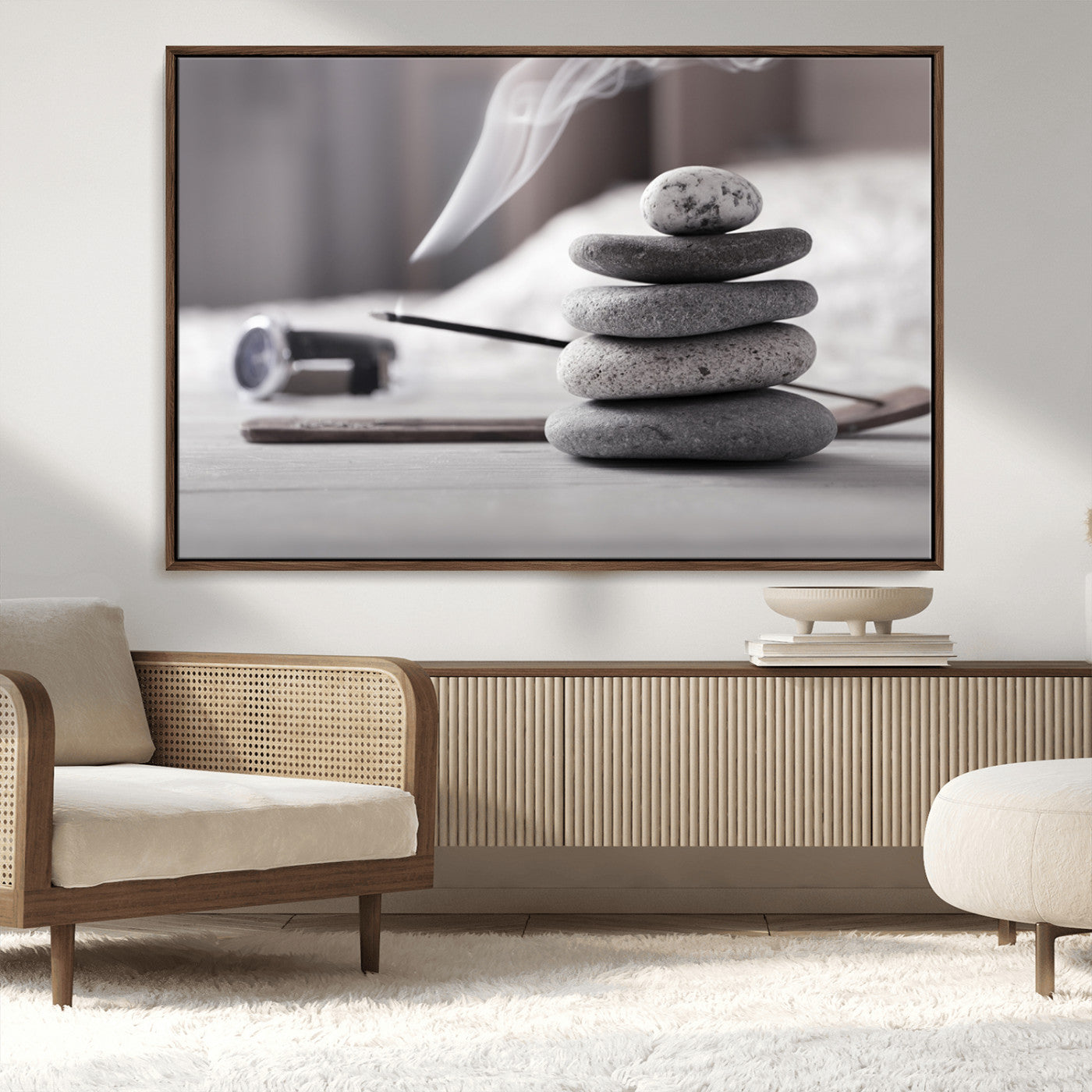 MGV-FC-36X24 - Burning Incense and Zen Stones Buddhism Wall Art, Zen Stones Wall Art Canvas Print