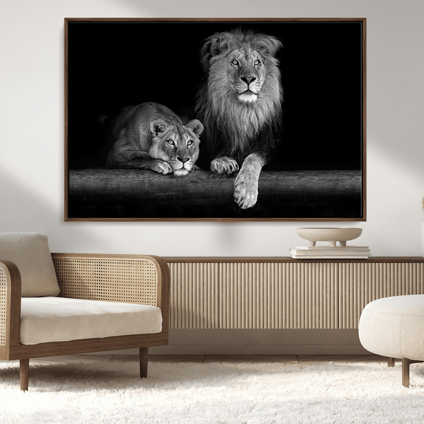 MGV-FC-36X24 - Large Black and White Lion Couple Wall Art Canvas Print