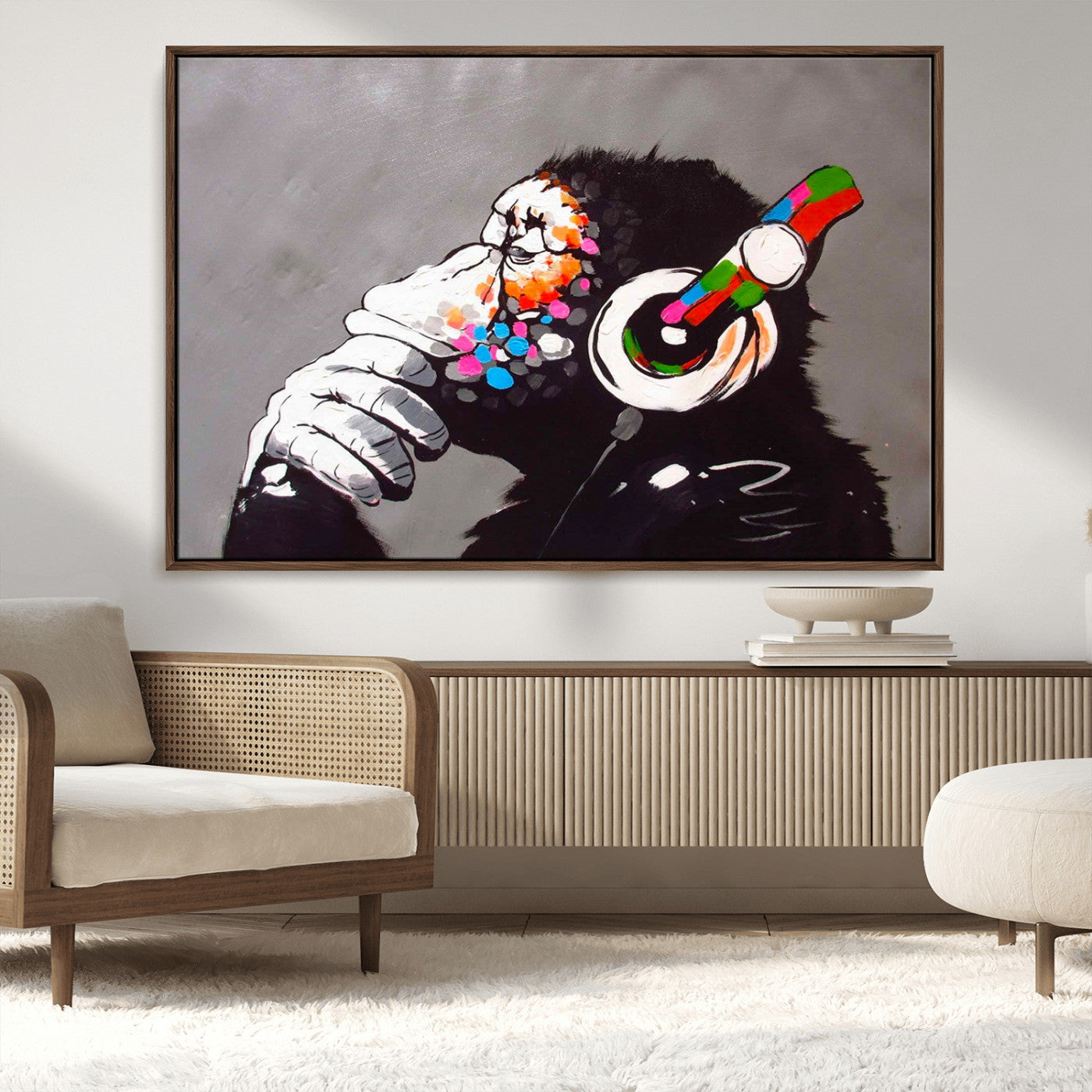 MGV-FC-36X24 - Dj Monkey Listening to Music Wall Art Print | Banksy Monkey Large Canvas Print for Living Room,