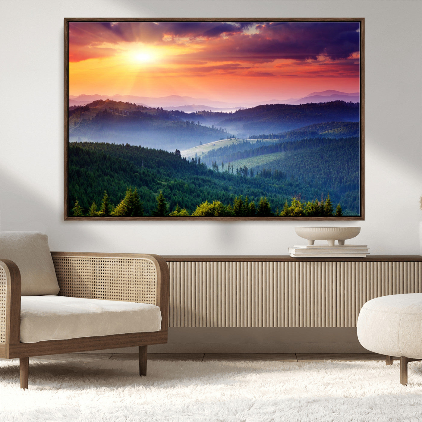 MGV-FC-36X24 - Sunset over Mountain Canvas Print, Forest Canvas Wall Art – Triptych Nature Landscape for Living