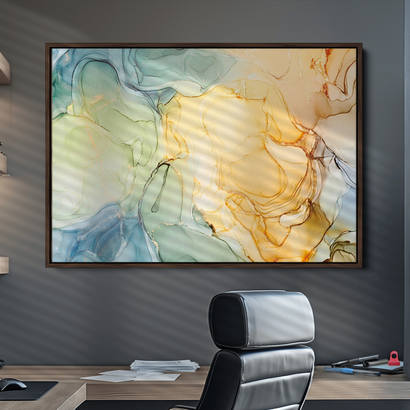 42195-MGV-CV-36X24-Green and Yellow Marble Fluid Effect Wall Art, Green and Yellow Marble Canvas Wall Art Print