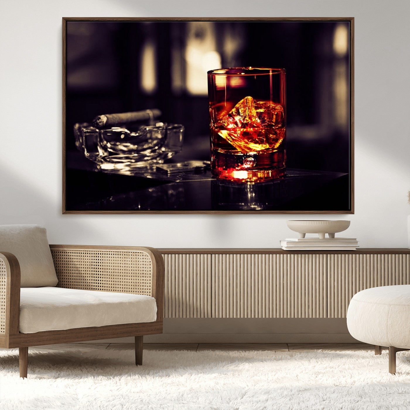 MGV-FC-36X24 - Whiskey and Cigar Canvas – Luxurious Wall Art for Home or Bar – Glass and Cigar Scene Print Canvas