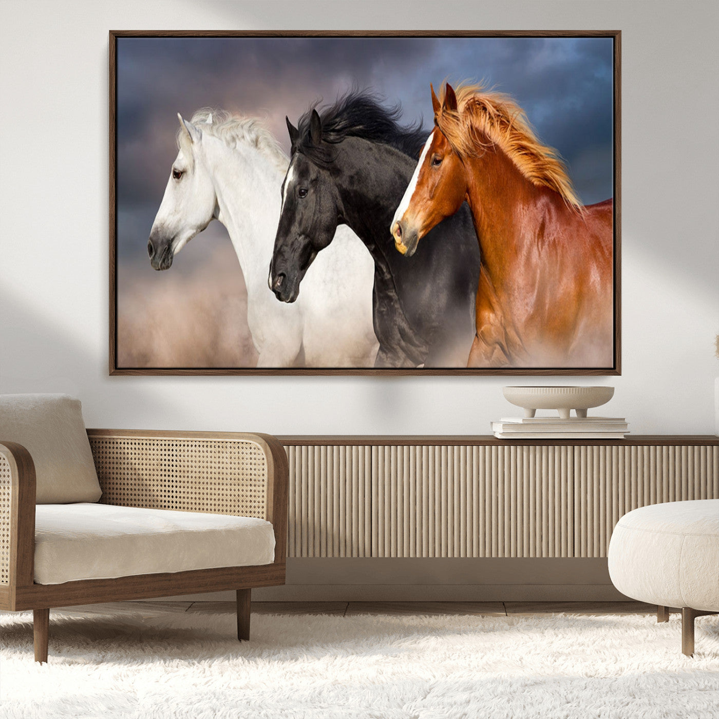 MGV-FC-36X24 - Animal Wall Art Three Horses Farmhouse Art Canvas, Framed Three Horses Canvas Print